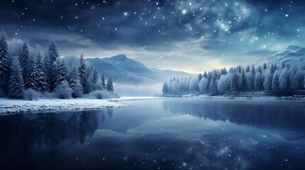 Fototapeta premium A frozen lake reflecting the calm, wintry cosmos 
