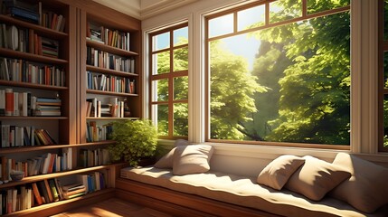 A library with a reading nook by a large bay window overlooking a garden.