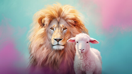 Lion and Lamb painting on pastel background with copy space for text - obrazy, fototapety, plakaty