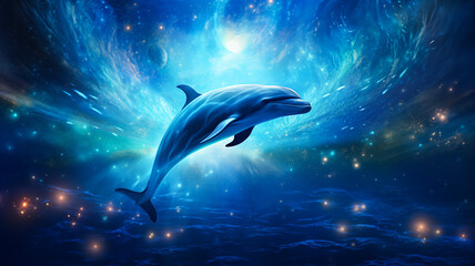Dolphin swimming on Space Nebula, surreal wallpaper, background artwork. Dolphin on floating in the space ocean, cosmos, interstellar.