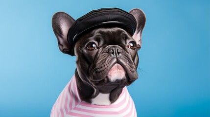 Creative close up portrait of a cute French bulldog wearing trendy french beret hat and pink stripe top or mariniere sweater. Minimal humorous  concept of fashion. Background with copy space - obrazy, fototapety, plakaty