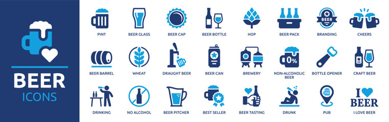 Beer icon set. Containing pint, beer bottle, drinking, hop, brewery, beer can, craft beer, pub and more. Vector solid icons collection.