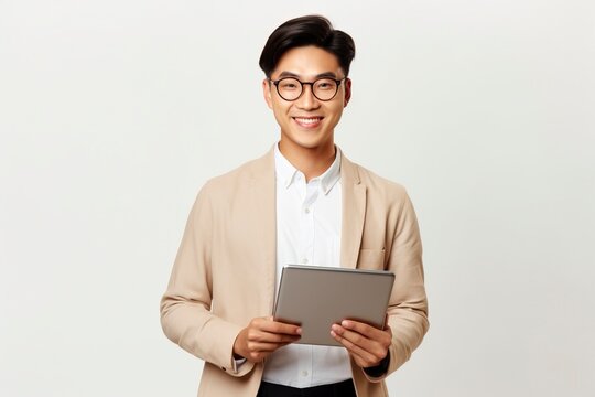 Image of young asian woman company worker in glasses smiling and holding digital tablet standing over white background, generative ai