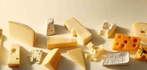 Assortment of cheeses of different variety, colors and textures. A range of premium expensive cheese. Wallpaper with lots of pieces of moldy cheese. 