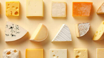 Assortment of cheeses of different variety, colors and textures. A range of premium expensive cheese. Wallpaper with lots of pieces of moldy cheese. 