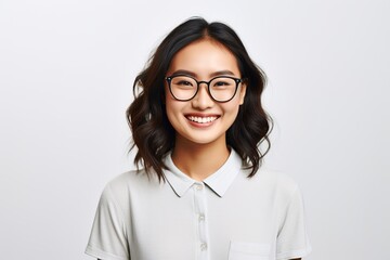 Image of young asian woman company worker in glasses smiling and holding digital tablet standing over white background, generative ai