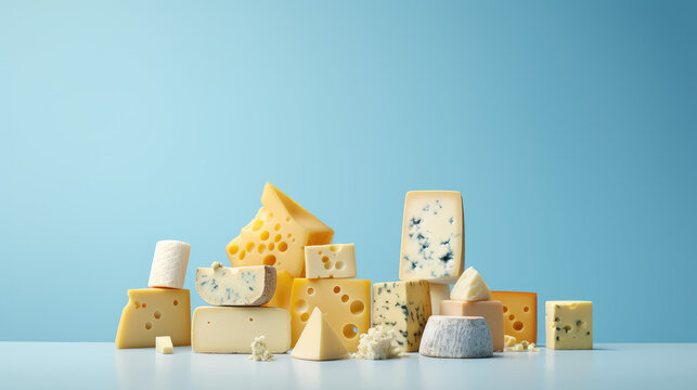 Assortment of cheeses of different variety, colors and textures. A range of premium expensive cheese. Wallpaper with lots of pieces of moldy cheese. 