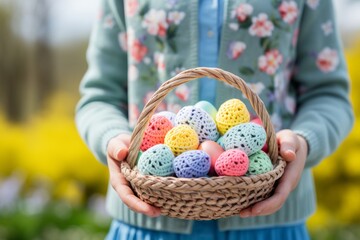 Fototapeta na wymiar Childhood joy small hands holding easter basket with colorful eggs and traditional easter bread