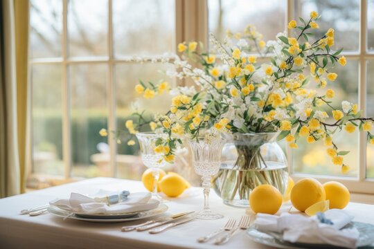 Festive easter brunch with friends, stunning table with delicious treats and champagne