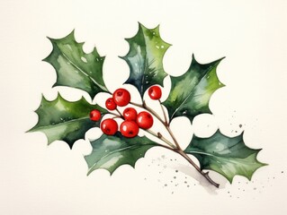 Fototapeta na wymiar Holly. Christmas watercolor illustration. Card background frame.