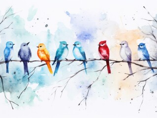 Fototapeta premium Colored birds sit on a branch. Christmas watercolor illustration. Card background frame.