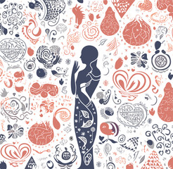 Mother life pattern design for print including different elements of love and baby