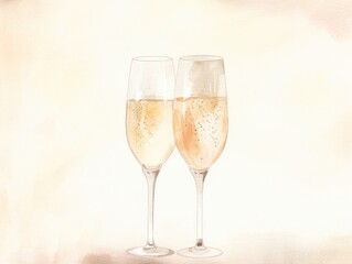 Two glasses of champagne. Christmas watercolor illustration. Card background frame.
