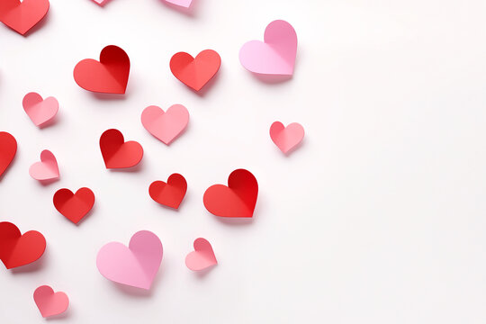 Pink and red paper cut hearts on a white background for Valentine's Day