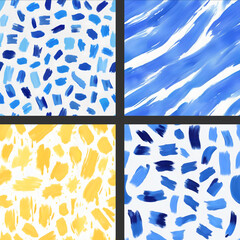 Set of seamless patterns with blue and yellow paint brushtrokes on white canvas. Collection of abstract hand painted backgrounds with smudges for printing, design, poster, wallpaper, card, interior