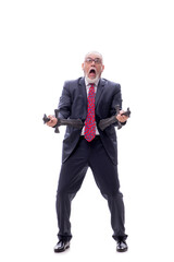 Old businessman holding saber isolated on white