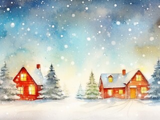 Houses and Christmas trees. Christmas watercolor illustration. Card background frame.