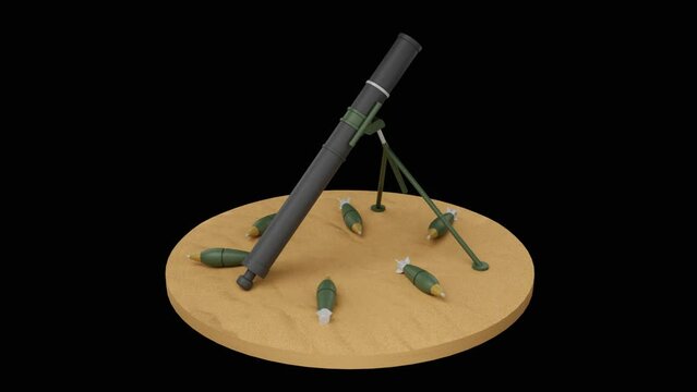 4k of mortar weapon turn around animation on desert,mortar stack,war production,palestine war,israel war,perfect for news  video