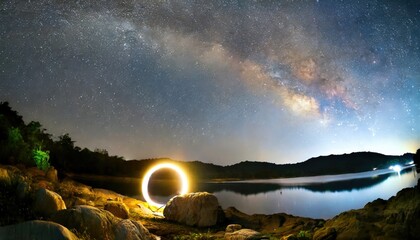 Voie Lactée avec Cercle Lumineux au Bord d'un Lac