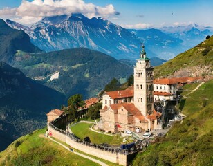 Sanctuaire céleste : Abbaye historique perchée dans les Alpes - obrazy, fototapety, plakaty