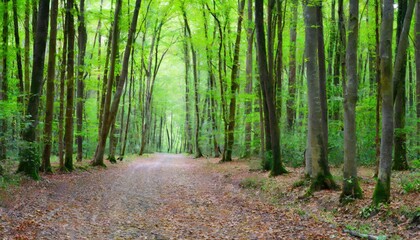 Sentier forestier : Promenade paisible à travers la forêt verdoyante - obrazy, fototapety, plakaty