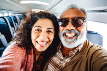 Happy smiling older indian tourist couple taking selfie inside airplane. Tourism concept, holidays and traveling lifestyle.
