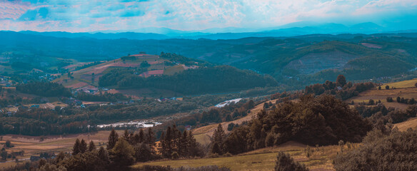 Fototapeta na wymiar Panoramic view at Beskidy Mountains
