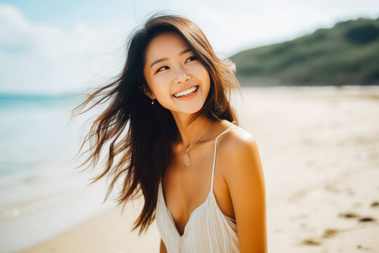 Happy beautiful young asian woman smiling at the beach. Summer at the beach, positivity and happy carefree lifestyle.