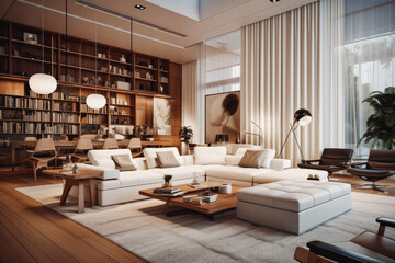 Modern living room with sofa. Open space modern living interior design. Bright big living space. Architecture and home design.