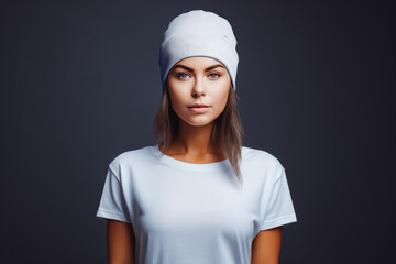 Woman wearing plain white cap and shirt for mockup. Fashion model female with white cap and neutral background. White cap mockup.