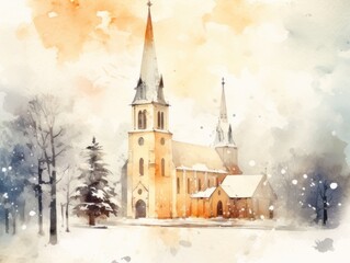Fototapeta premium A church in a snowy city. Christmas watercolor illustration. Card background frame.