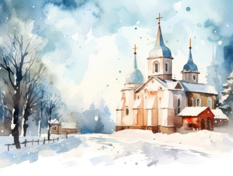 A church in a snowy city. Christmas watercolor illustration. Card background frame.