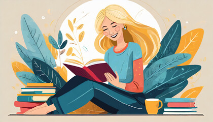 Happy woman sits and reads the book with enjoy and interest. The girl keeps her diary or takes notes. Book therapy session. Mental health concept illustration - obrazy, fototapety, plakaty