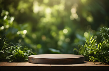 Wooden podium on empty garden tabletop with blurred green plants background, ideal for showcasing organic products and nurturing the spring and summer concept,
