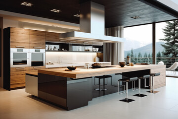 Fototapeta premium Bright modern kitchen room interior. Open space modern living interior design. Bright big living space. Architecture and home design.