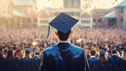 High school or university graduate wearing a square graduation cap stands in front of a crowd of graduates at a street graduation celebration. View from the back.