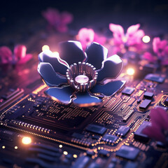 a flower on top of a computer board, in the style of cherry blossoms