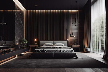 Modern black bedroom with big bed. Open space modern living interior design. Dark big living space. Architecture and home design.