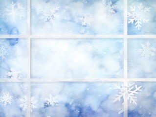 A frozen window and snowflakes. Christmas watercolor illustration. Card background frame.
