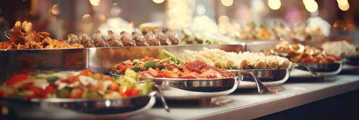 Open kitchen off the dining room. Trays with a varied assortment of prepared food. Table with...