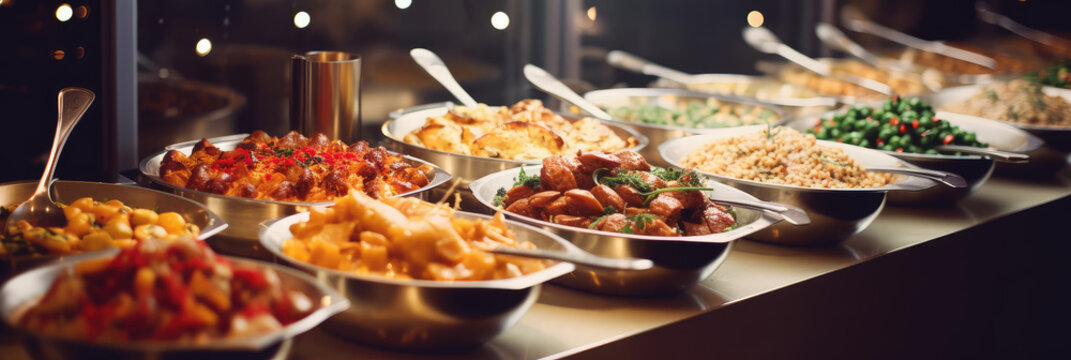 Open kitchen off the dining room. Trays with a varied assortment of prepared food. Table with delicious food, buffet. 