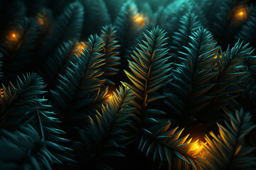Green spruce branches at night without decoration. View from above.