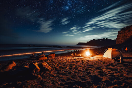 Camping On The Beach And Starry Sky And Moon In The Night Sky. Night Time At The Beach, Looking At The Stars. Romantic Night At The Beach Stargazing.