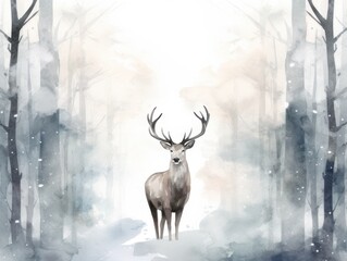 Deer in a snowy forest. Christmas watercolor illustration. Card background frame.