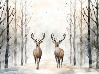 Deers in a snowy forest. Christmas watercolor illustration. Card background frame.