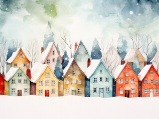 Fototapeta na wymiar Snow-covered houses. Christmas watercolor illustration. Card background frame.