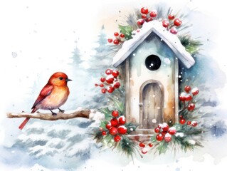 A bird sits near a decorated birdhouse. Christmas watercolor illustration. Card background frame.