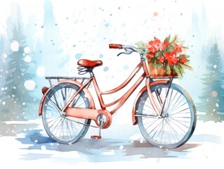Fototapeta na wymiar Snow-covered bicycle with flowers. Christmas watercolor illustration. Card background frame.