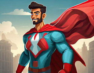 3d super hero with red cape - obrazy, fototapety, plakaty
