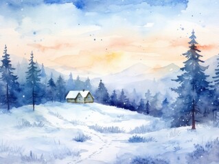 Obraz na płótnie Canvas A lonely house in a snowy forest. Christmas watercolor illustration. Card background frame.